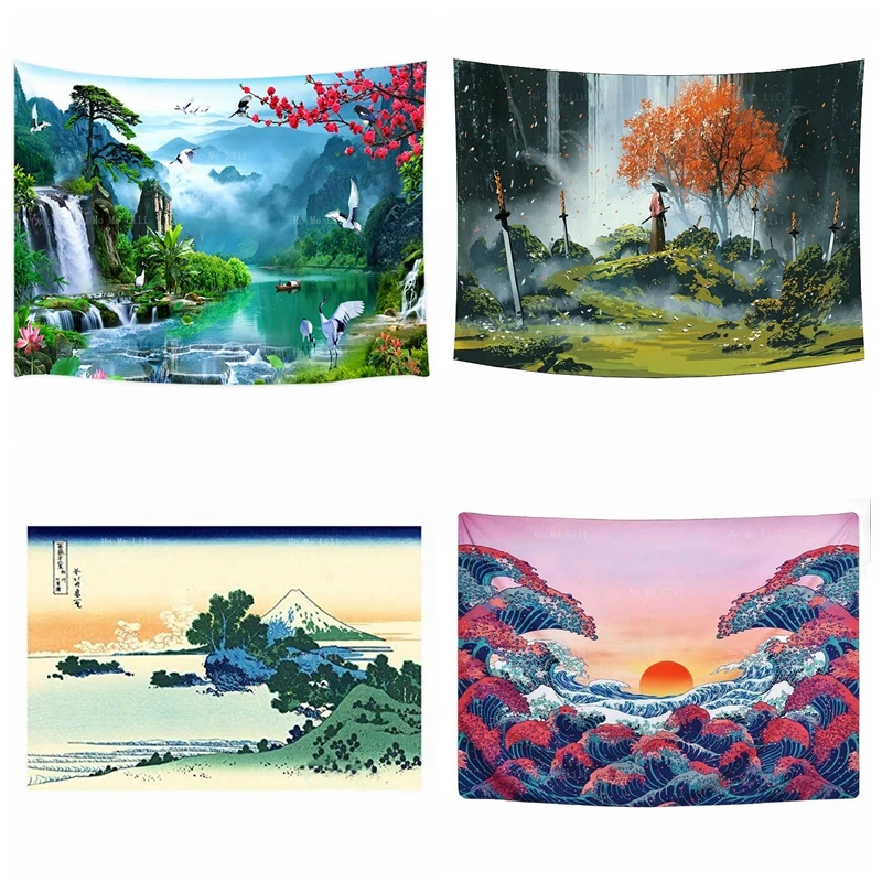 

Japanese Samurai Sword Posters Cool Anime Mount Forest Fantasy Fairy Tale World Waterfall Great Wave Nature Scenery Tapestry