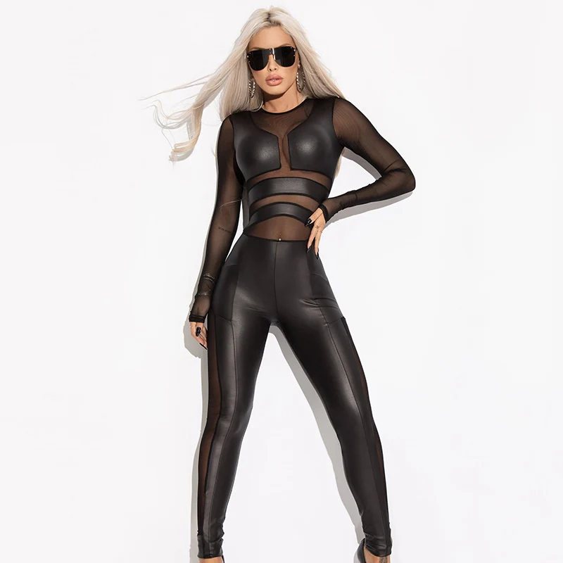 

Uoozee Split-Joint Mesh Round-Neck Wrap Sports Jumpsuits Women Fashion Sexy See Through Sportswear Jump Suit For Women