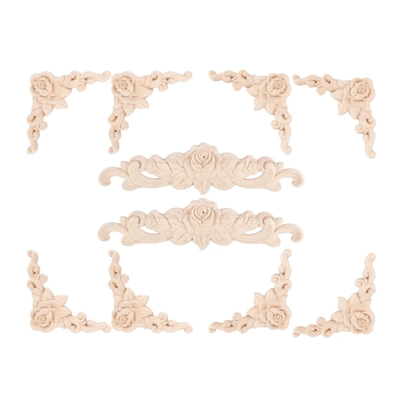 

10 Pcs Wood Carved Wall Decor Floral Wood Carved Applique Corner Decorative For Furniture Door Cabinet Bed Decorations