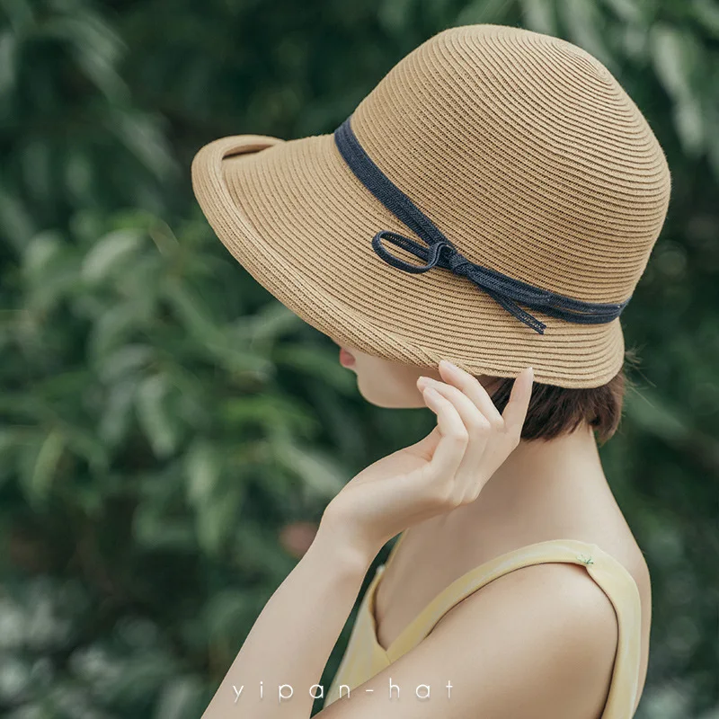 

Hepburn Style Sunshade Straw Hat Female Summer Retro Foldable Basin Cap Literary Fisherman Hat Simple Sun Cap Casual Summer Hats