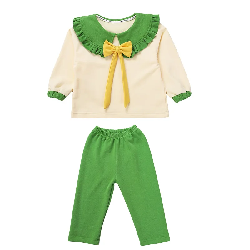 Criscky 2022 Spring Autumn Children Girl 2PCS Clothing Set Bowknot Ruffles Cotton Shirts Loose Pants Baby Girl Clothes Suit