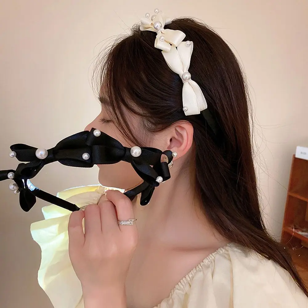 

Eleagnt Pearl Bow Hair Hoop Girls Bowknot Flower Temperament French Hairbands Women Non Slip Head Wrap Gift Headwear