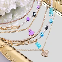 fashion multilayer bear pendant beaded choker necklace for women shiny crystal heart yin yang pearl beads necklace boho jewelry
