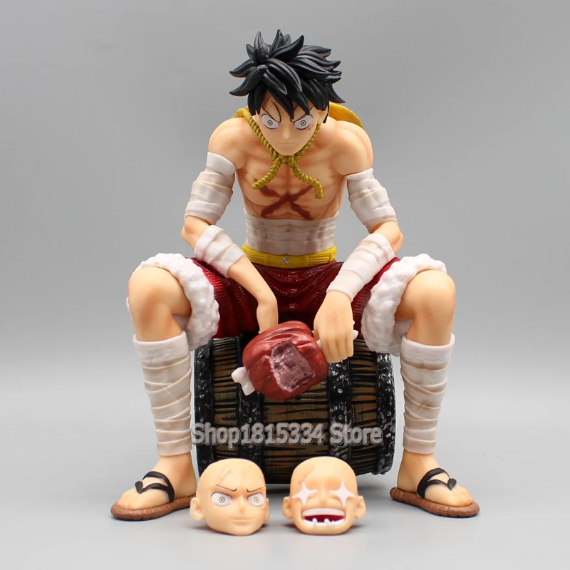 

20cm Anime One Piece Figure Luffy Eat Meat Action Figures Bandages Luffy Wine Barrel Base Figurine Pvc Model Collection Toys
