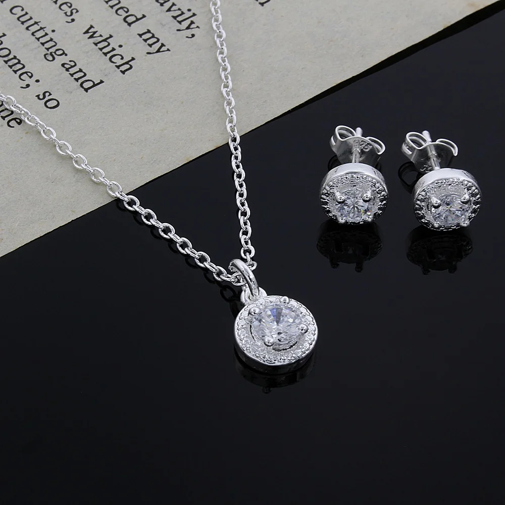 

HOT promotion Lover gifts cute silver color fashion noble women shiny crystal CZ necklace earring jewelry set Wedding