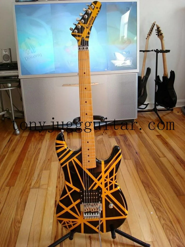 

Rare Kramer Wolf Edward Van Halen 5150 Yellow Stripe Black Electric Guitar Floyd Rose Tremolo Bridge, Maple Neck & Fingerboard