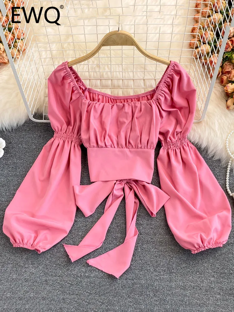 

EWQ Sweet Style And Youth Woman Blouses Solid Color Square Collar Bandage Patchwork Female Shirts Autumn 2023 New 27SN3579