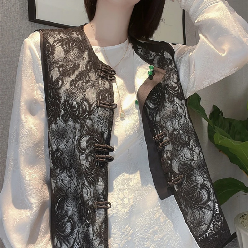 

2022 retro chinese lace waistcoat for women chinese style round collar cheongsam buckled loose vest