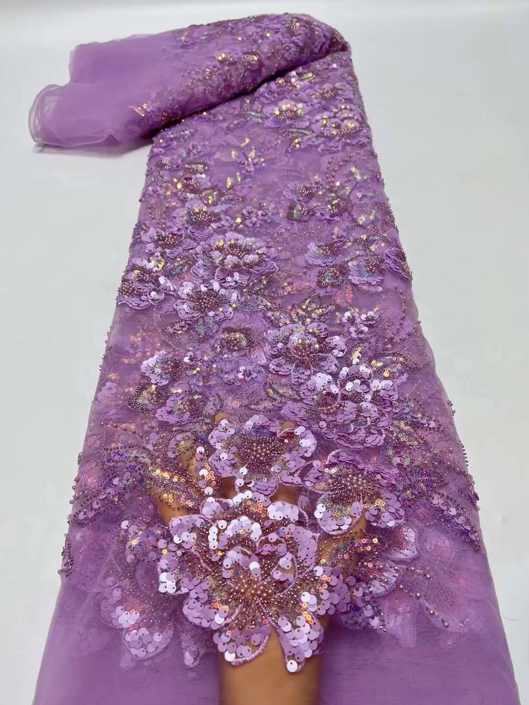 

2023 High Quality African 5 Yards Net Lace Fabric French Bridal Luxury Embroidery Beaded Sequins Lace Fabric For Wedding