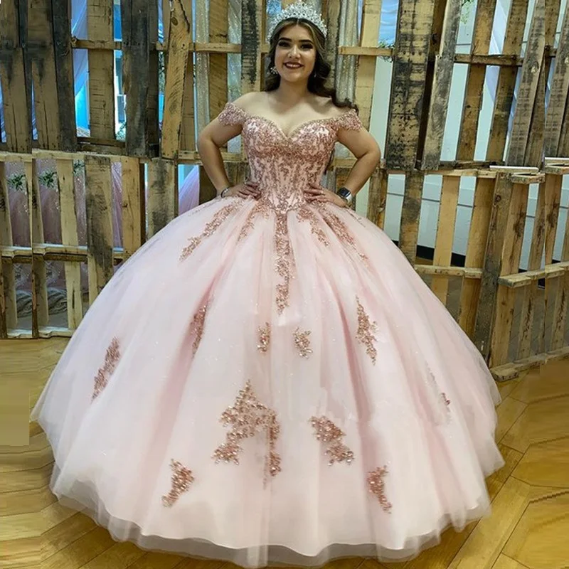 

Pink Princess Quinceanera Dresses Off Shoulder Lace Appliques Ball Gown Sweet 16 Dresses vestidos de 15 años Custom Made