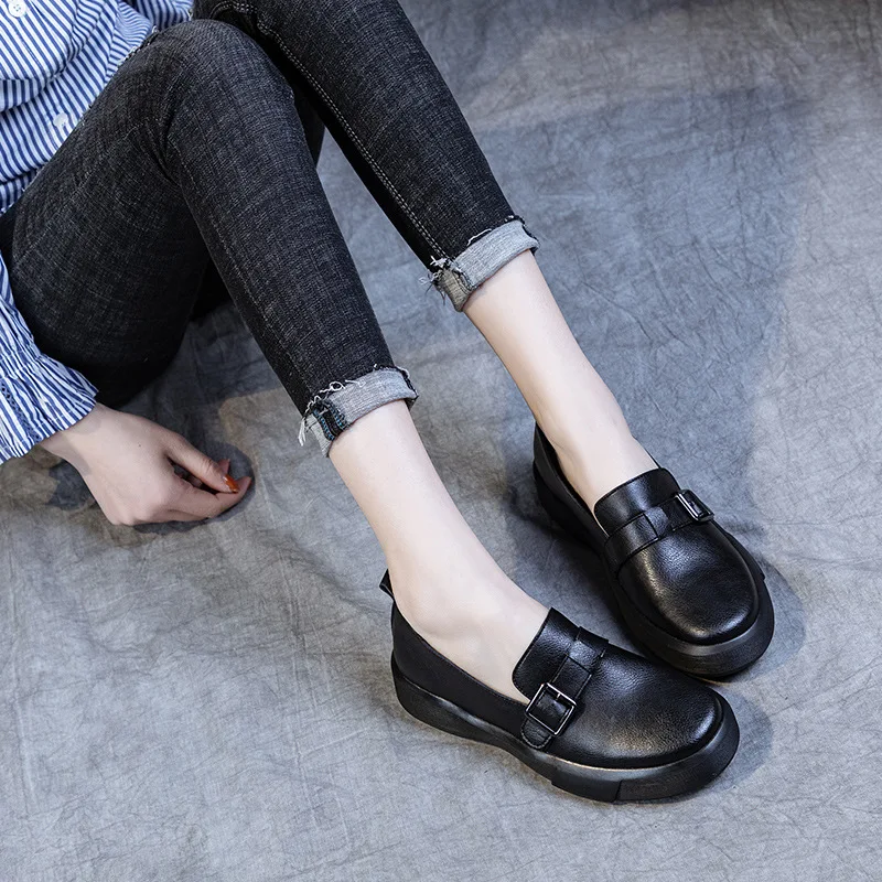 w stylu brytyjskim Małe skórzane buty damskie Nowe duże Wiosna Jesień Gumowe Retro Miękkie podeszwy Płaska podeszwa