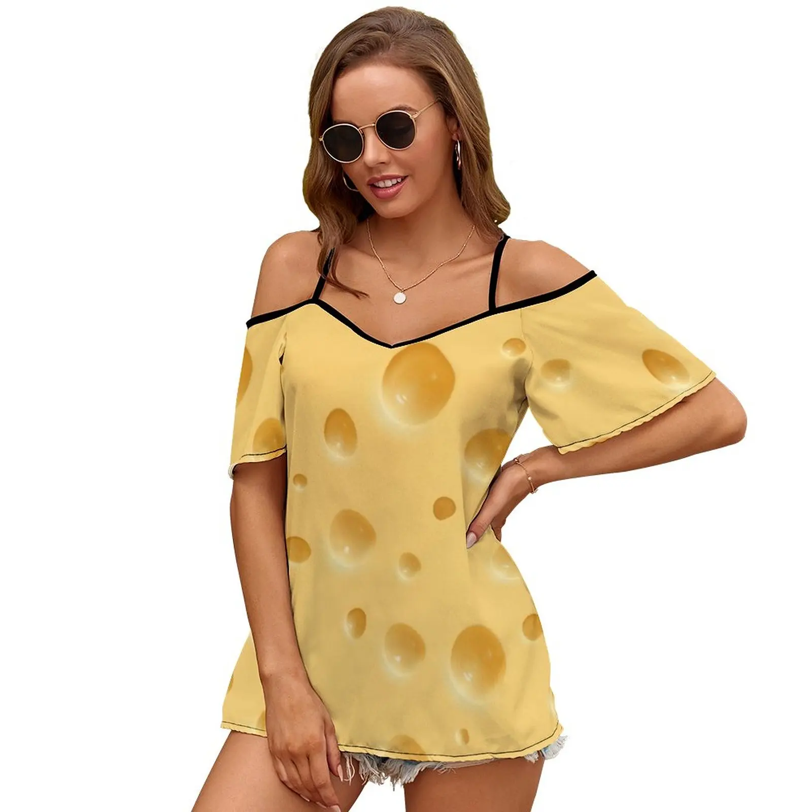 

Cheese Women Short Sleeve Tops O-Neck Hollow Out Shoulder Strap Tees Streetwear Watercolor Pattern Pop Food Cheese Pizza Funny