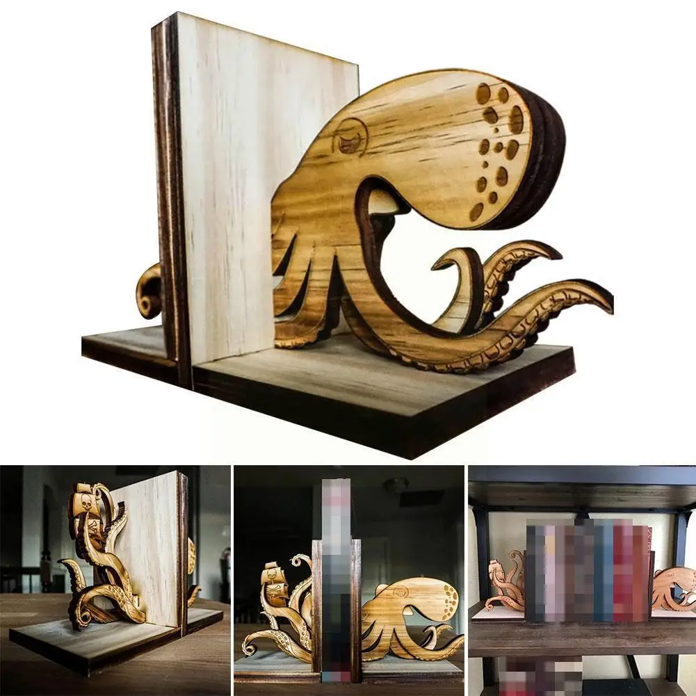 

Wood Octopus Bookends Cute Cartoon Book Holder Support Non Resin Magazine Rack Shelf Holder Office Organize Desktop Statue Q2o5