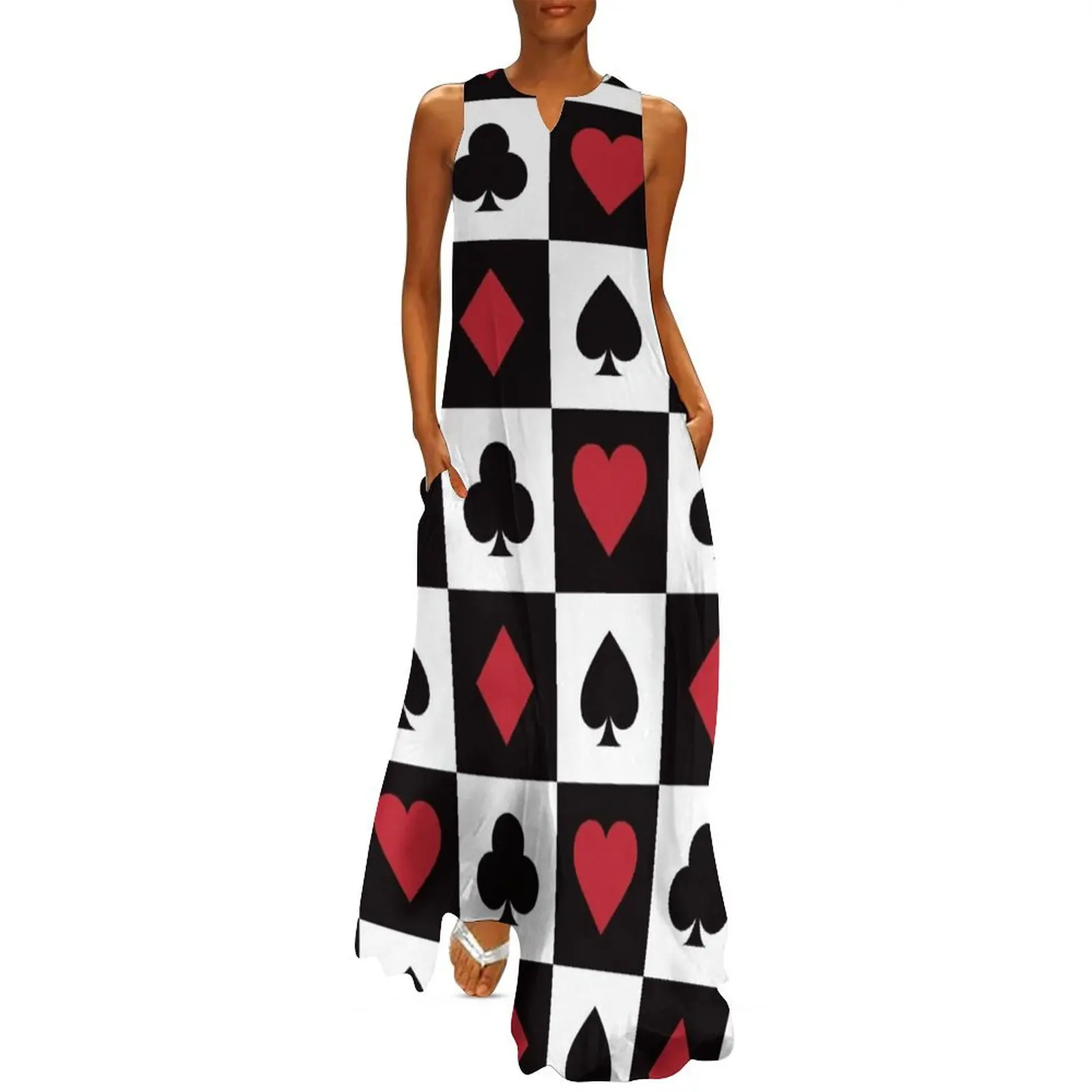 Женское длинное платье с узором в виде карт красное летнее королевской длины 2024
