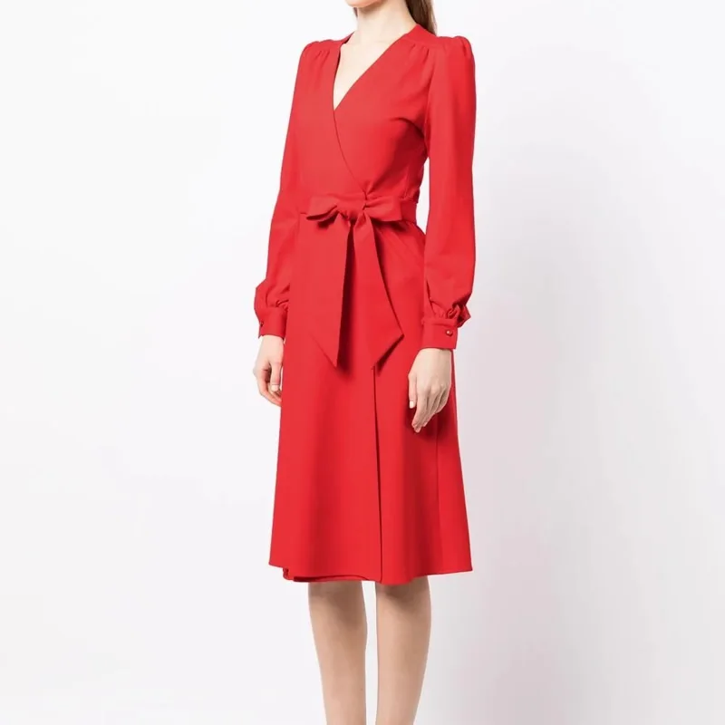 

2023 New Women Solid Dress Fashion V-Neck Long Sleeve OL Dresses With Belt 23345