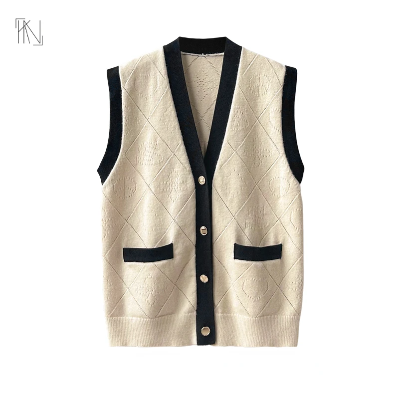 

V-neck Knitted Waistcoat Vest 2022 Summer New Women Single-breasted Argyle Loose Sleeveless Sweater Cardigan