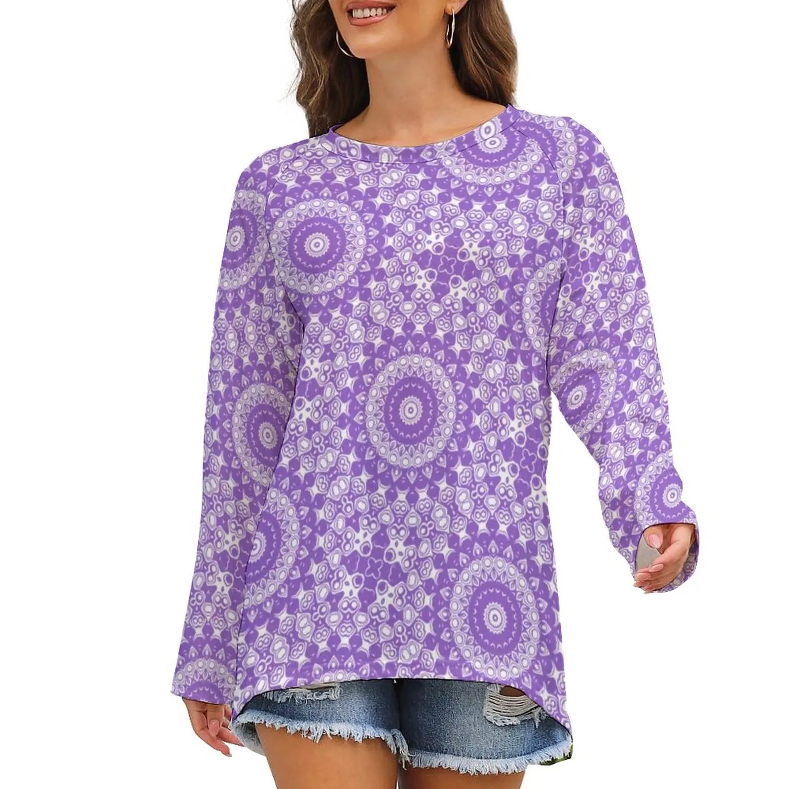 

Amethyst Lavender Mandala T-Shirts Purple White Print Teal Floral Classic Long Sleeve T Shirt Kawaii Tee Shirt Big Size 4XL 5XL