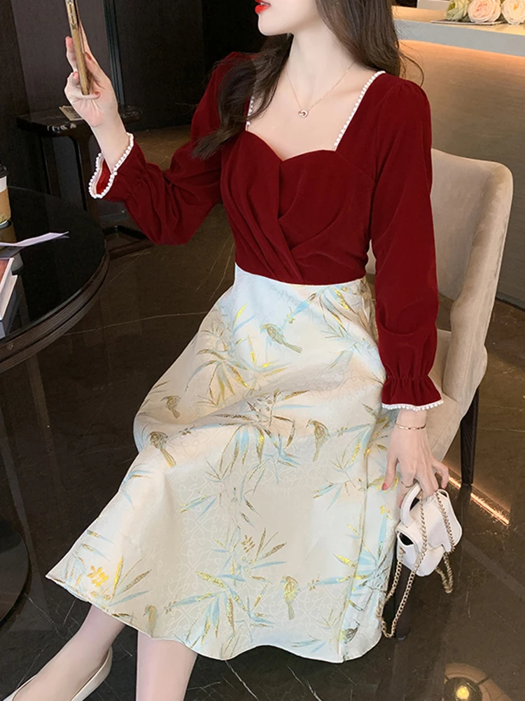 Новое китайское платье с квадратным воротником и принтом A Word женское