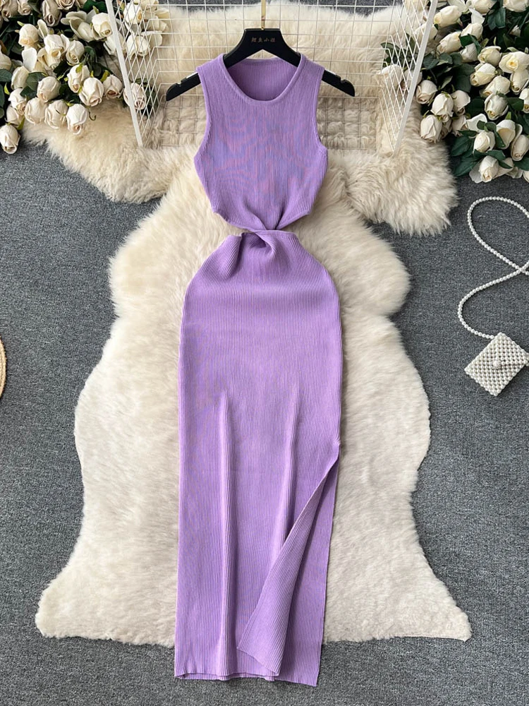 

YuooMuoo Ins Fashion Women Cut Out Waist Knot Bodycon Dress Summer Slim Elastic Knitwear Split Long Dress Lady Party Vestidos