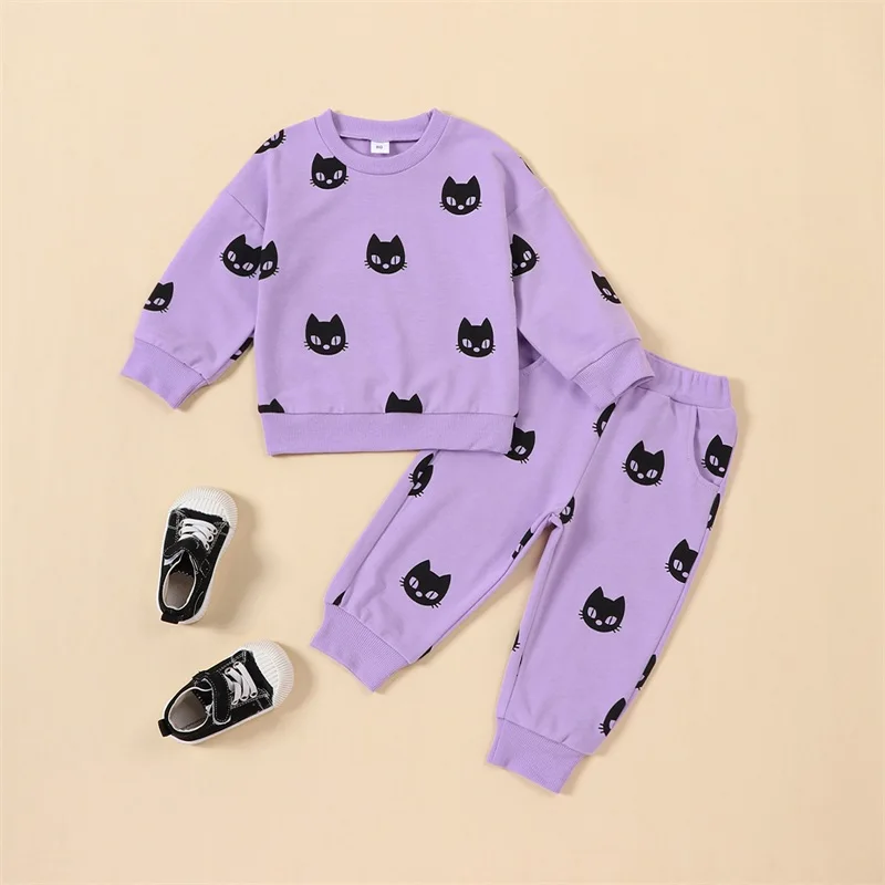 

0-2Y Baby Girls 2-piece Outfit Cat Print Long Sleeve Crew Neck Sweatshirt with Elastic Waist Sweatpants Fall Clothes