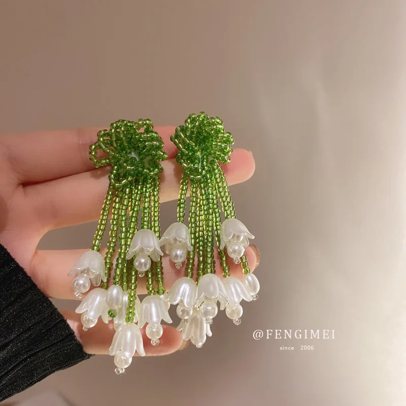 

925 Silver Needle Small Fresh Pearl Lily of The Valley Rice Bead Tassel Earrings Sweet Earrings Earrings Fashion Earrings Women
