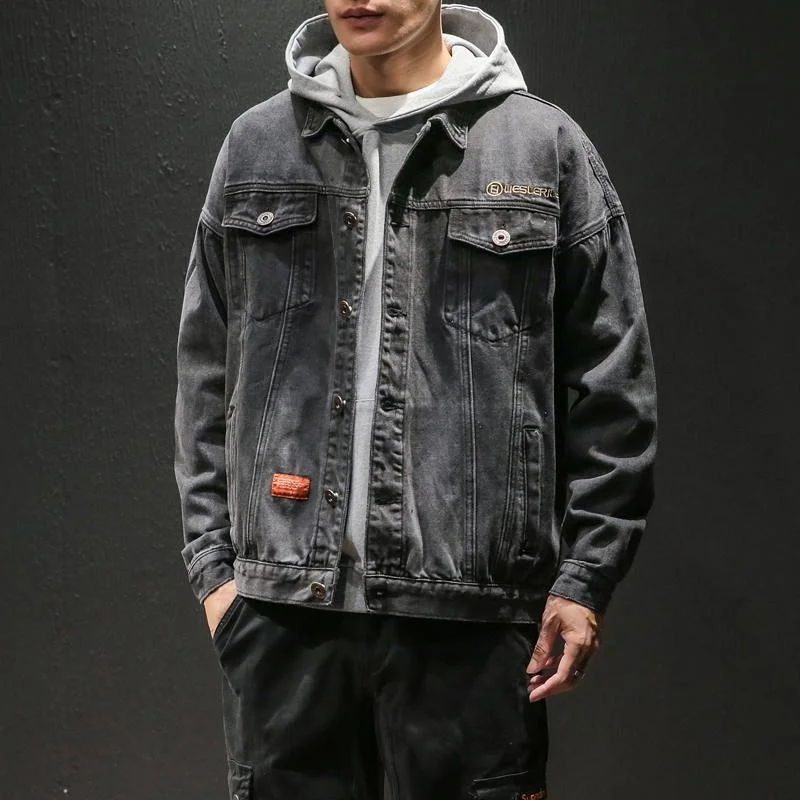 

Men's Jackets Spring Autumn Mens Jean Jacket Loose Cotton Denim Blue Black Retro Cargo Coats Men Cowboy Youth 5XL