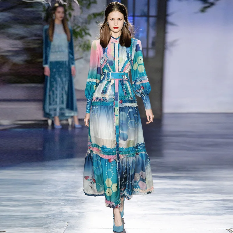 

Dress Lantern Long Sleeve Color Printed Single Breasted Lace Up Waist Ruffle Edge Long