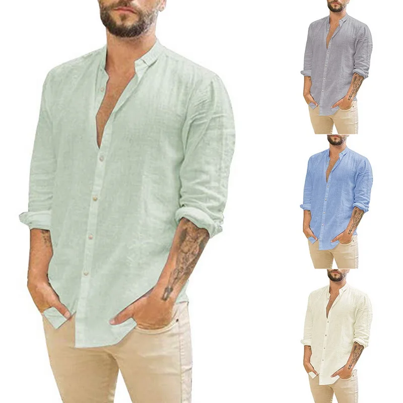 

Men's Long-Sleeved Shirts Summer Solid Color Stand-Up Collar Casual Beach Style Plus Size 3XL