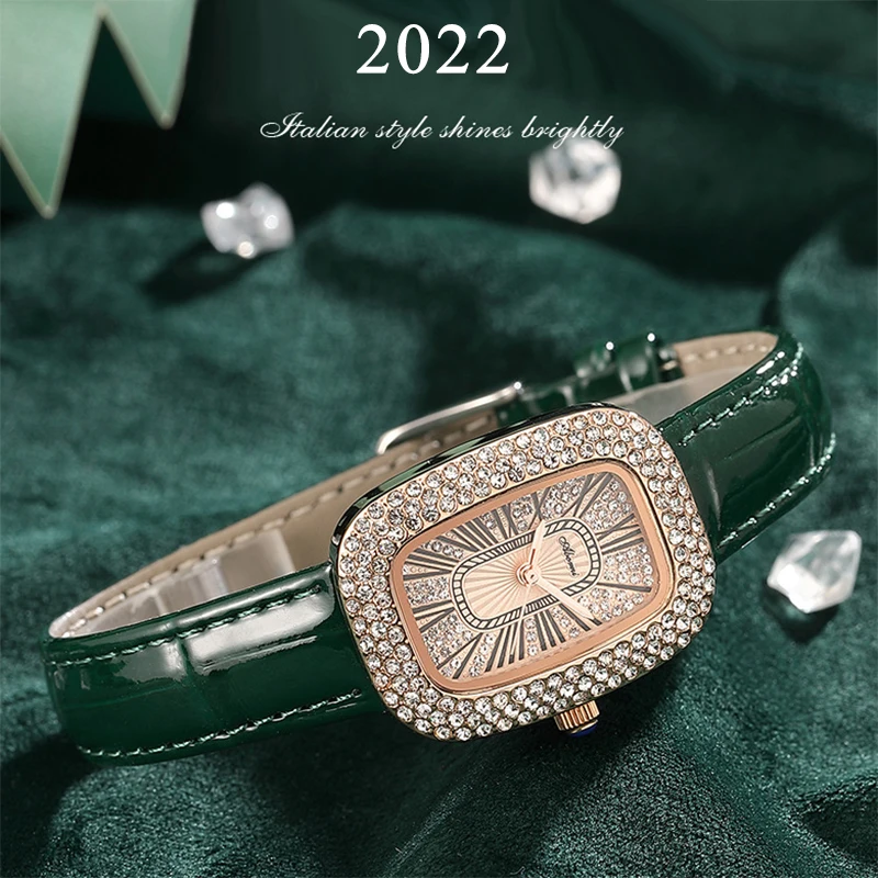 2022 Fashion Green Leather Strap Diamond Ladies Watch Waterproof Luxury Quartz Watches for Women Square Strap Gifts enlarge