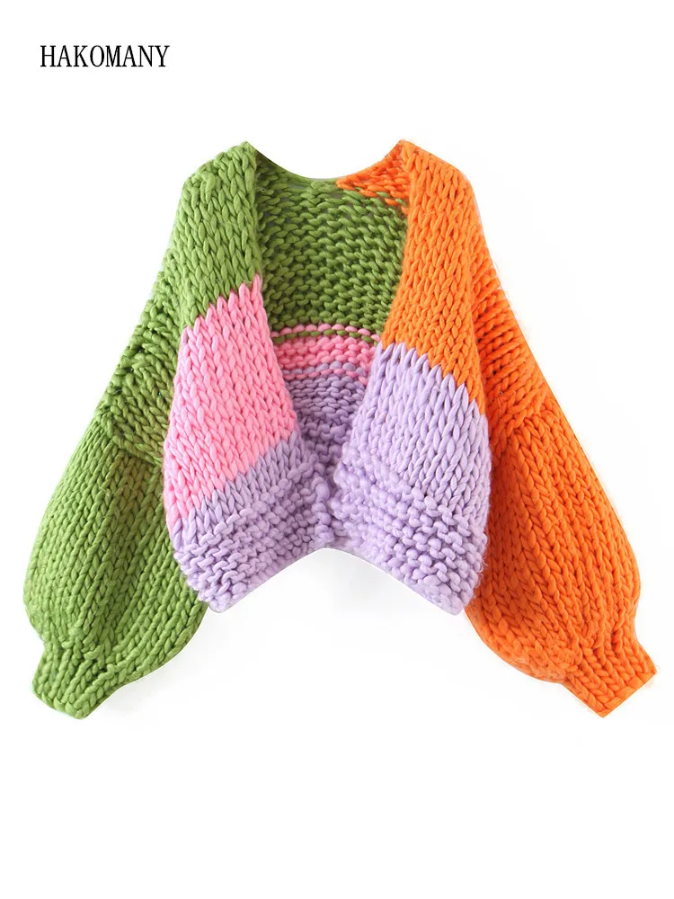 Woman V neck Full Lantern Sleeve Knitting Sweater Knitwear Short Jumper Sweet Contrast Color Hand Made Crochet Cardigan Vintage
