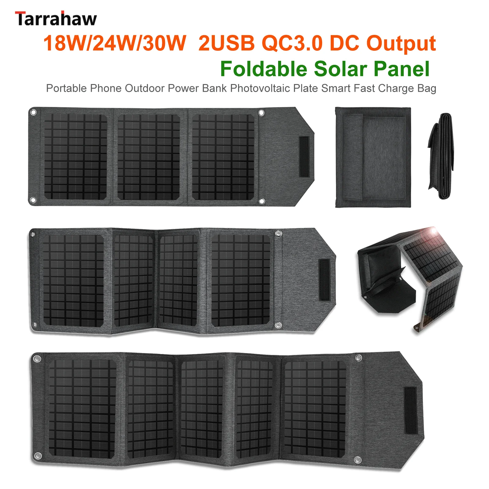 

2023 18W/24W/30W Foldable Solar Panel 2USB QC3.0 d-c Output Portable Phone Outdoor Power Bank Photovoltaic Plate Smart Fast