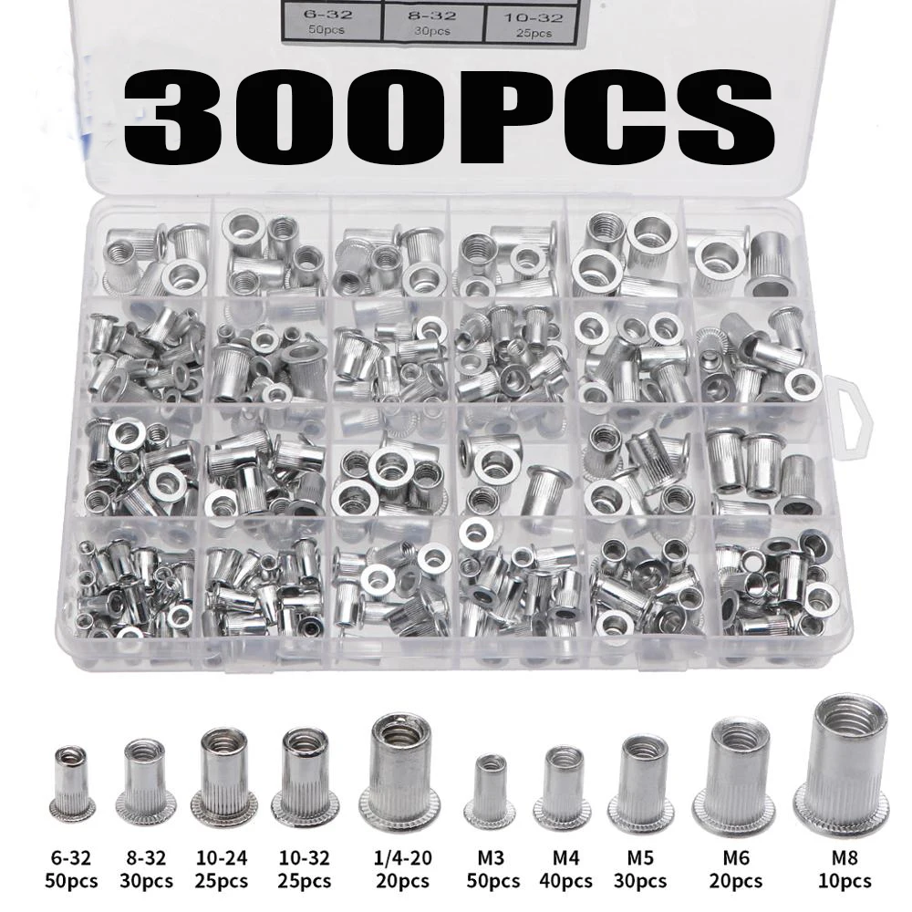 300pcs M3 M4 M5 M6 M8 6-32 8-32 10-24 10-32 Aluminum Rivet Nut Kit Rivnut Nutsert Assort Insert Reveting Multi Size Collocation
