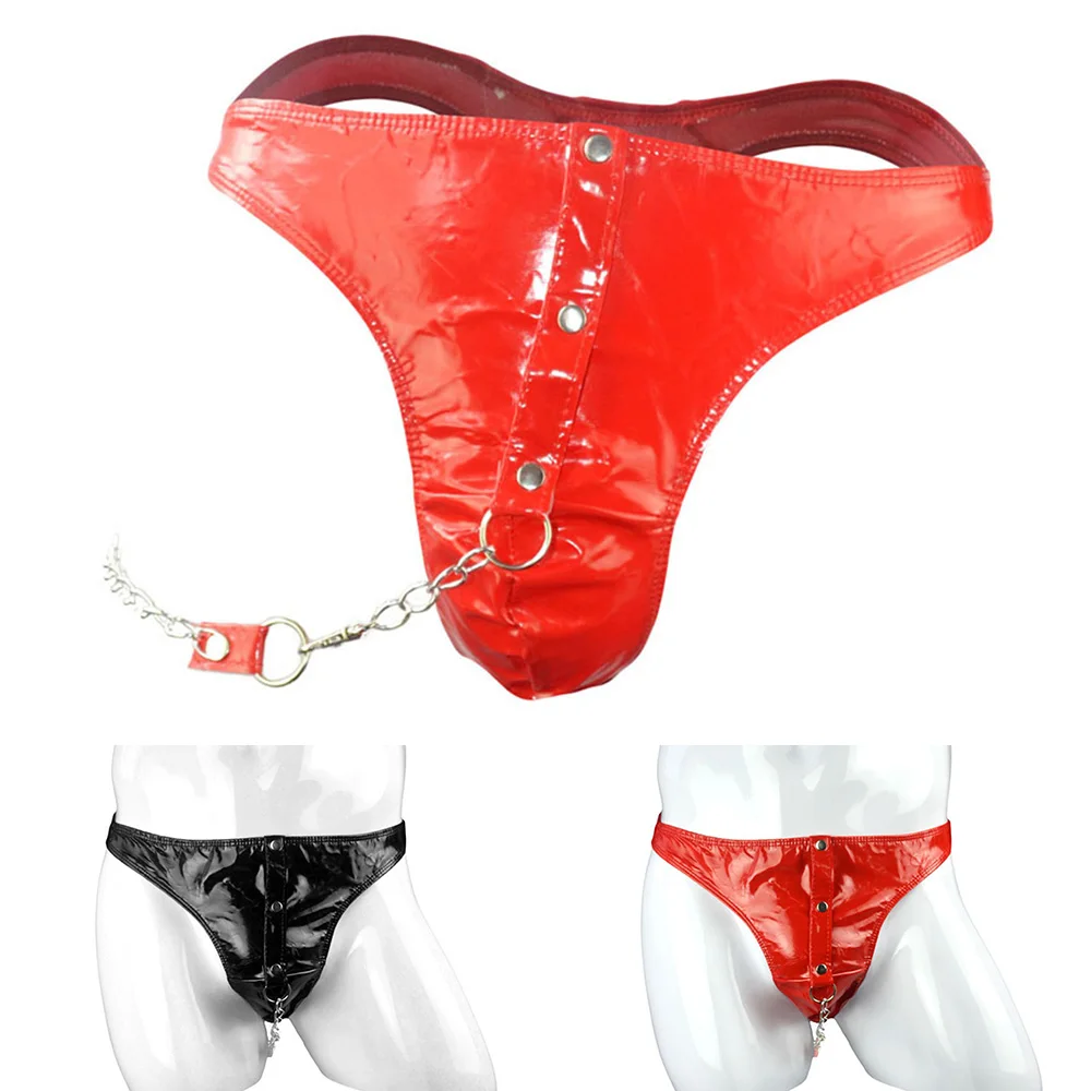 

Men Sexy Underwear Faux Leather Safety Chain Patent Leather Thongs Briefs Shorts U Convex Pouch Underpants Male Jockstrap New