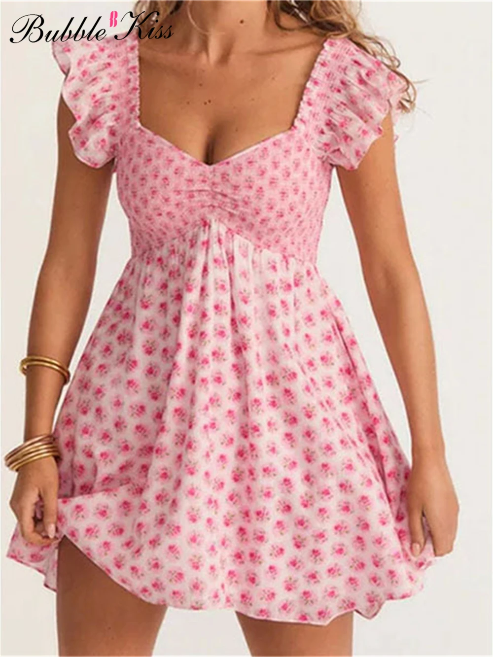 

Мини-платье женское летнее с цветочным принтом и рукавом-фонариком