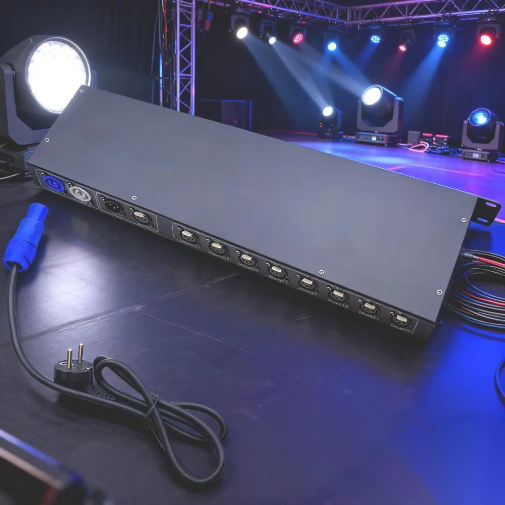 Фото 8-полосный распределитель DMX512, 8-канальный разветвитель DMX, усилитель сигнала, электрическая изоляция, разъем XLR для светодиодного контроллера сценического освещения №1