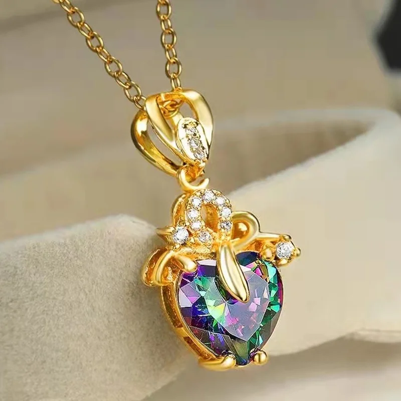 

Imitation Tourmaline Stone Necklace Love Heart Pendant Crystal Zircon Luxury Gemstone Women Necklaces Valentine's Day Gift