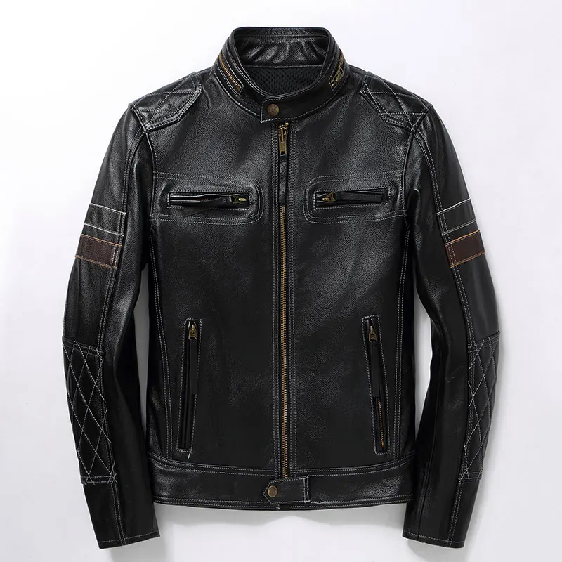 

New Top Layer Genuine Leather Men's Stand-Up Collar Motorcycle Tough Guy riding Suit Jacket Can Be Added With Protective Gear