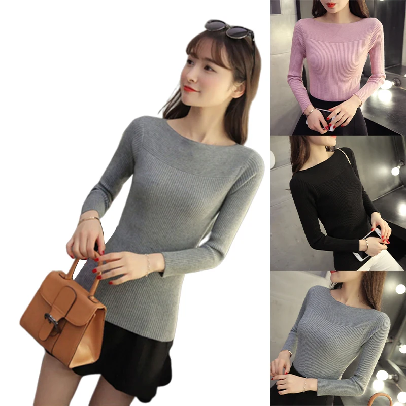 

Women Knitted Sweater Long Sleeve Jumper Boat Neck Pullover Knitting Tops Slim