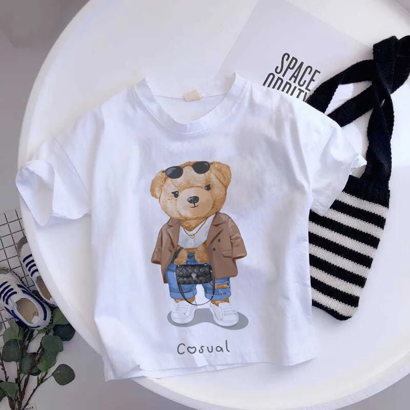 Футболка для девочек мишка тедди мультяшный медведь детская белая черная летняя