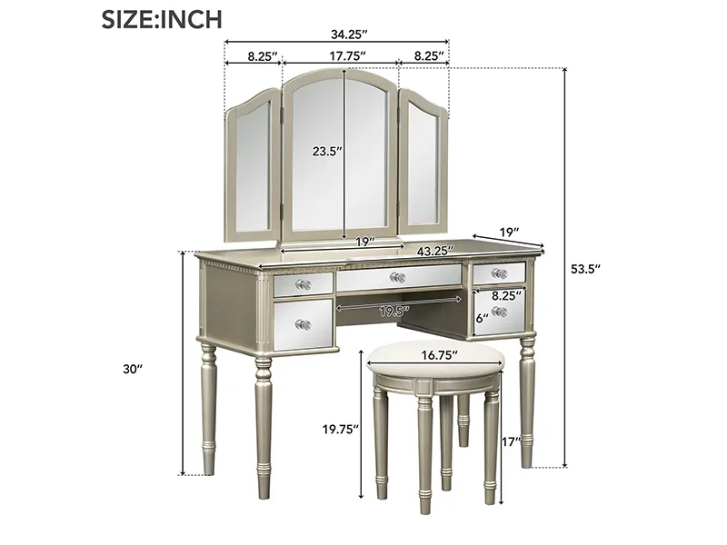 Туалетный столик для макияжа 43 дюйма набор туалетного столика с трехскладным