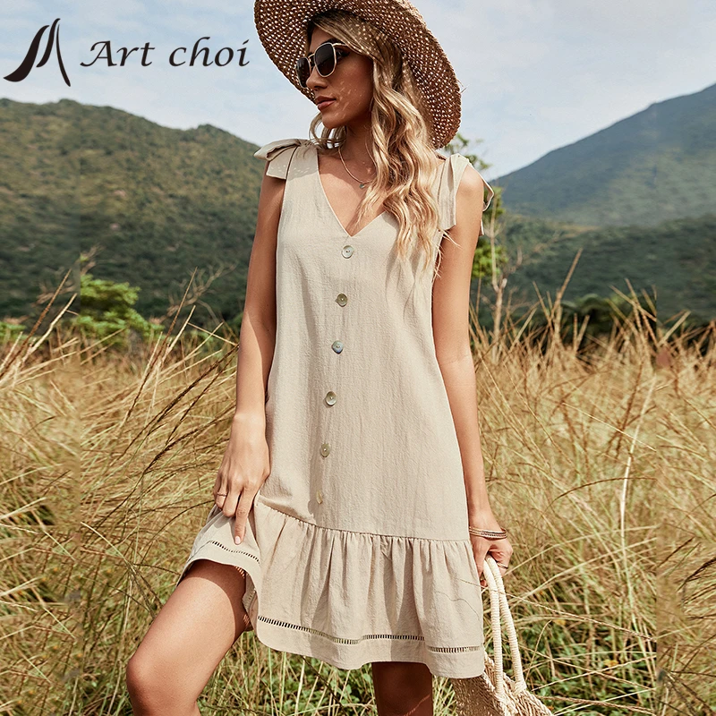 

2022 Summer MIDI Dress Women Ruffle Dress Vestidos Sleeveless Fashion Khaki V Neck Backless Ladies Bow Button High Waist Dress