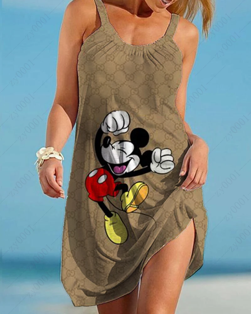 Disney Sexy Women's Skirts Solid Color Ladies Mid Length Casual Elegant Wide One Piece Sling Straps Mickey Minnie Beach Dress