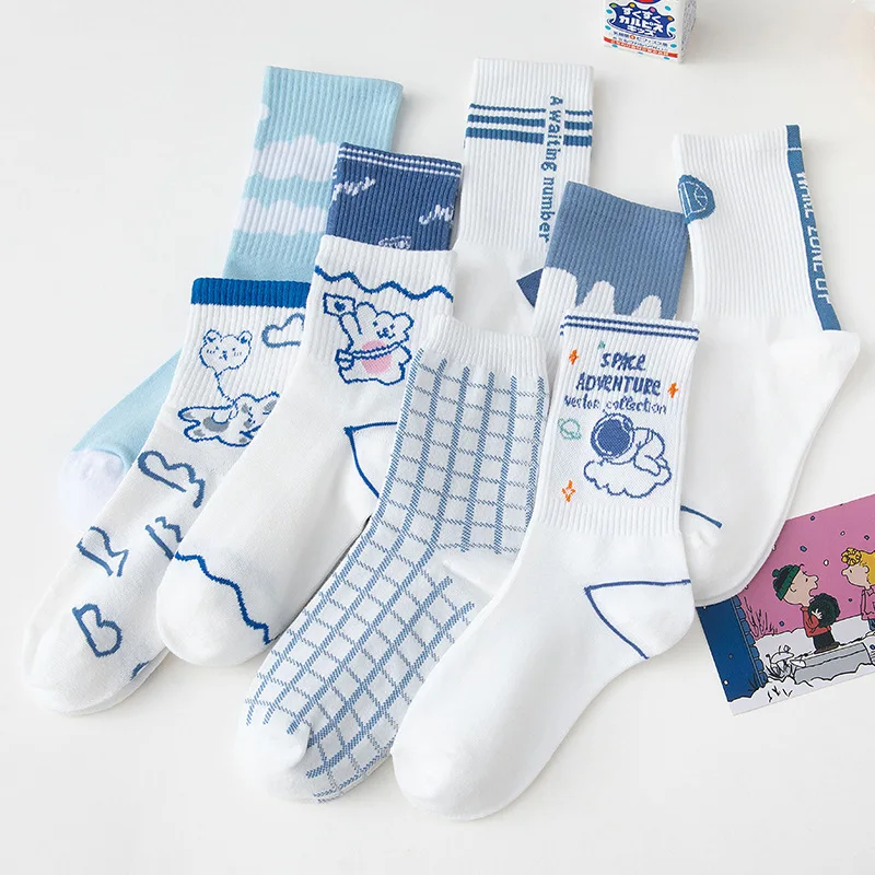 

Japan Harajuku style cartoon creative striped checkered bear socks kawaii print funny girl socks fashion skateboard woman socks