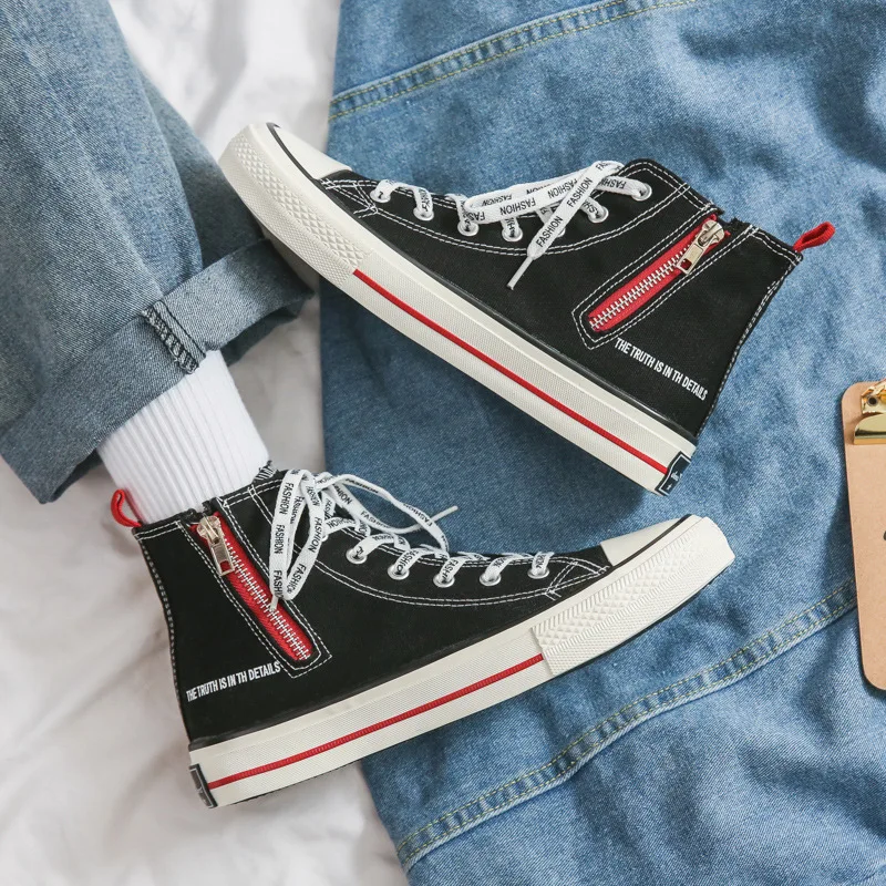 

Unisex Canvas Shoes Men Sneakers Casual Side Zipper Trend Vulcanize Shoes Flats High-top Male Shoes Skateboard Zapatillas Hombre