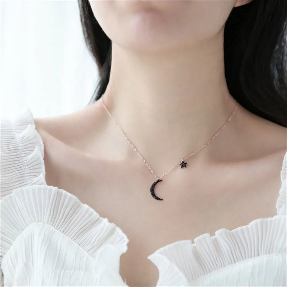 

Stainless Steel Star Moon Pendant Necklace for Women Fasionh Black Rhinestone Jewelry Unique Clavicle Link Chain YS335