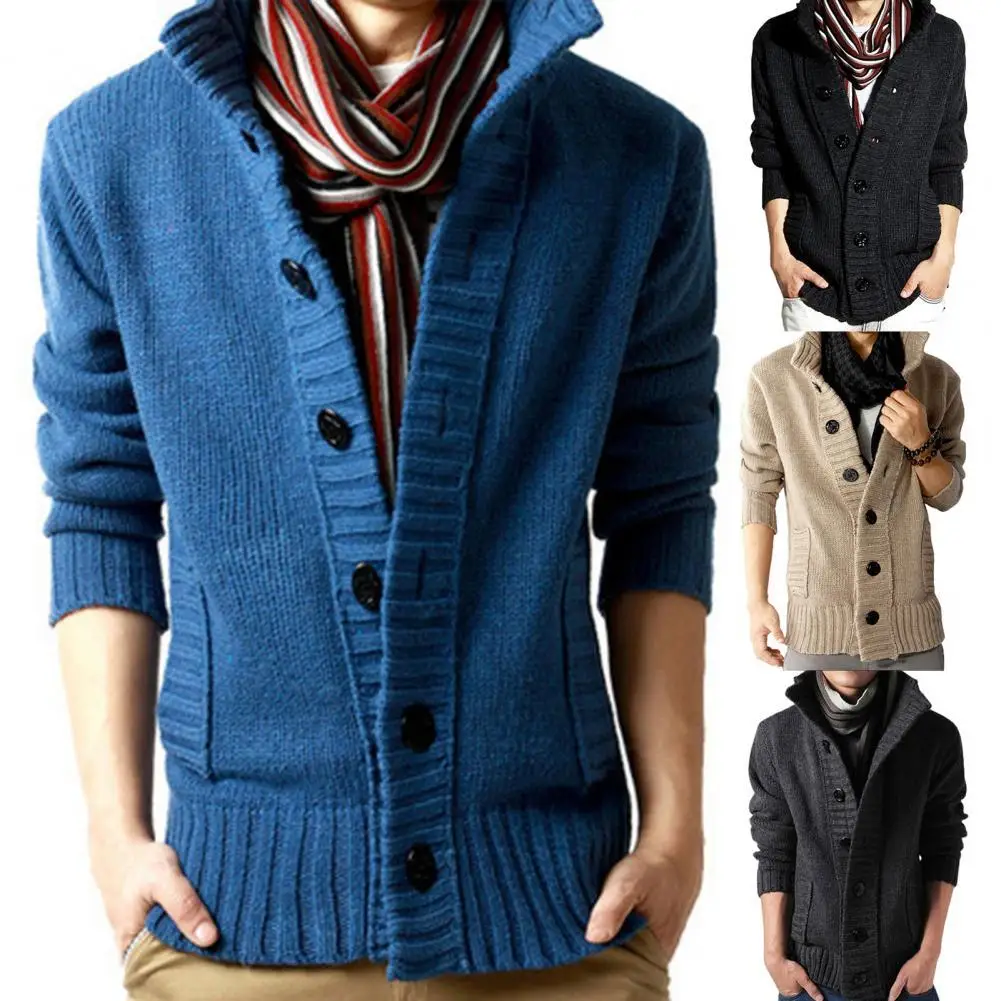 

2022 New Long-sleeve Men's Open-front Side Pocket Button Solid Color Sweater Coat Knit