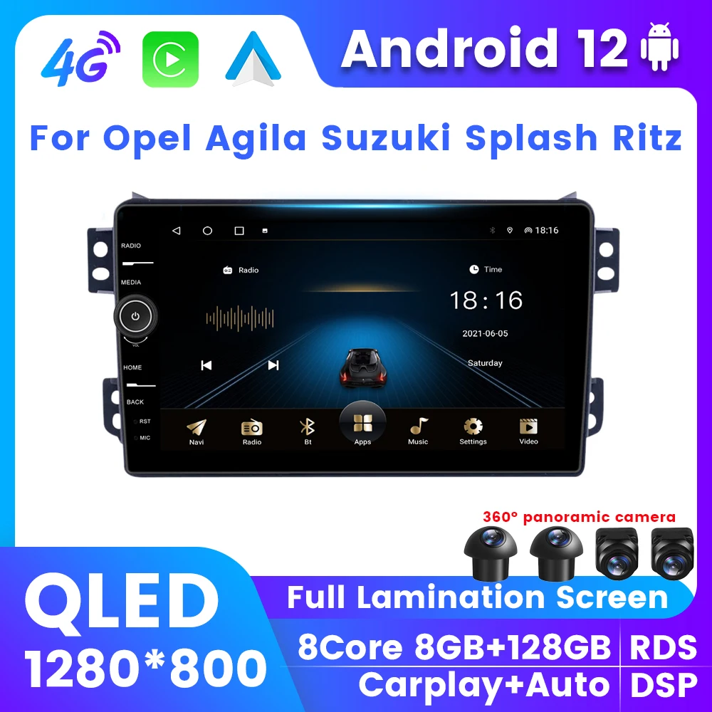 

QLED Android 12 Автомобильный экран с регулятором громкости для Opel Agila Suzuki Splash Rit 2008-2012 GPS-навигация беспроводной Carplay