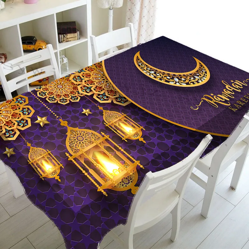 

Muslim Mosque Ramadan Tablecloth Kitchen Rectangle Tablecloth Crescent Lantern Waterproof Accessory Festival Party Tablecloth