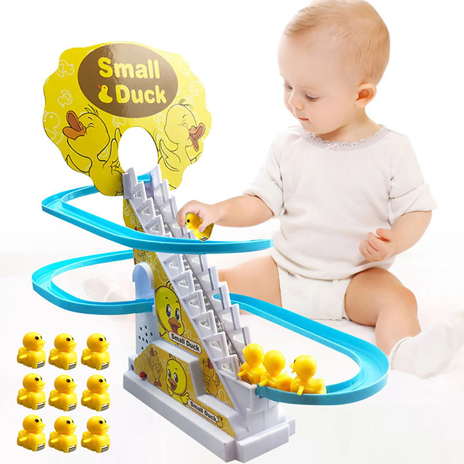 

Electric Duck Climbing Stairs Slides Set With LED Flashing Lights Music Race Car Tracks Roller Coaster Kids Educational Toys