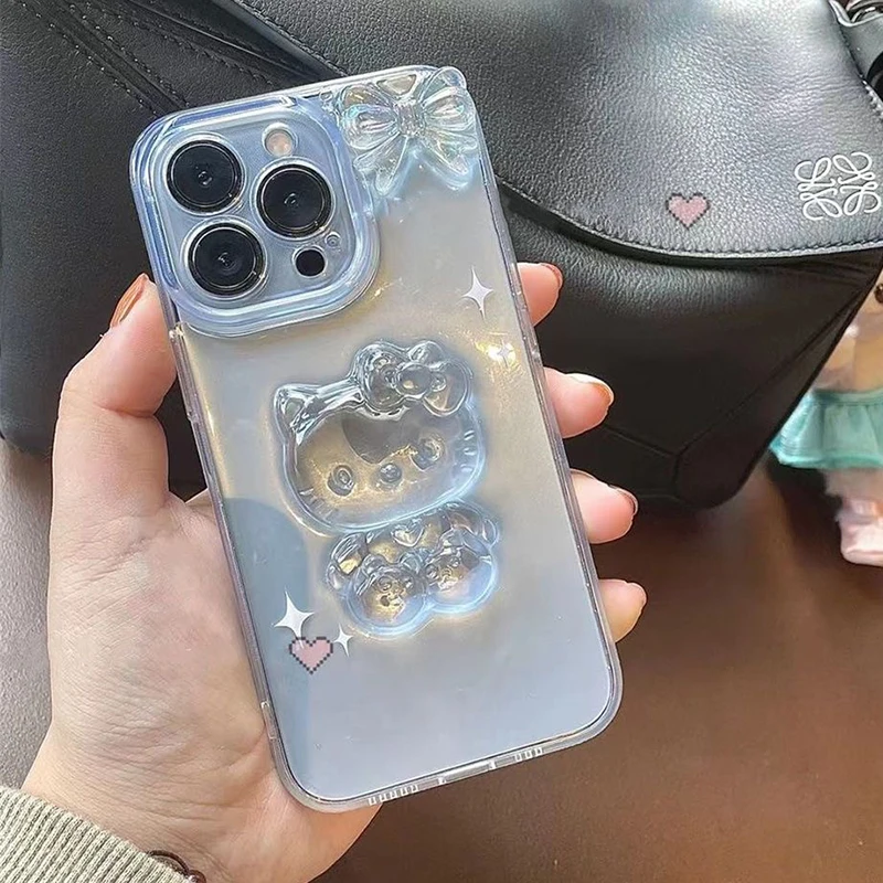 

Прозрачный 3D чехол для телефона Sanrio Hello Kitty для iPhone 14 13 12 11 Pro Max Mini X XR XS MAX 7 8Plus, противоударный чехол Y2k для девушек